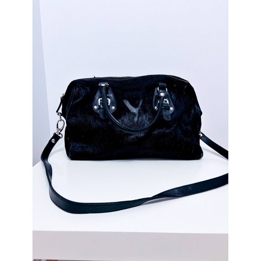 MAURIZIO TAIUTI Black Hair-On Leather Satchel Crossbody Shoulder Bag